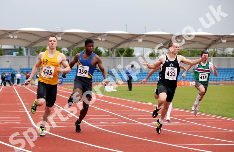 433 Ben Shields (Rotherham) beats 445 Jordan Toth (Holmfirth) and Ricardo Brown (Leeds City AC), under-20 mens 100 metres, Northern Championships, Sport City, Manchester
